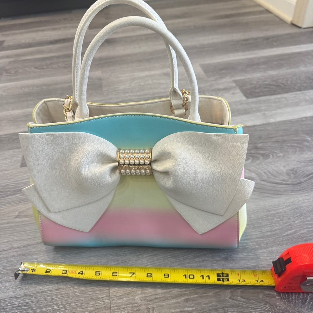 Betsy Johnson Bow Satchel Bag – CLEAN – Pastel Rainbow Ombré – Pearl Detail - Picture 13 of 15